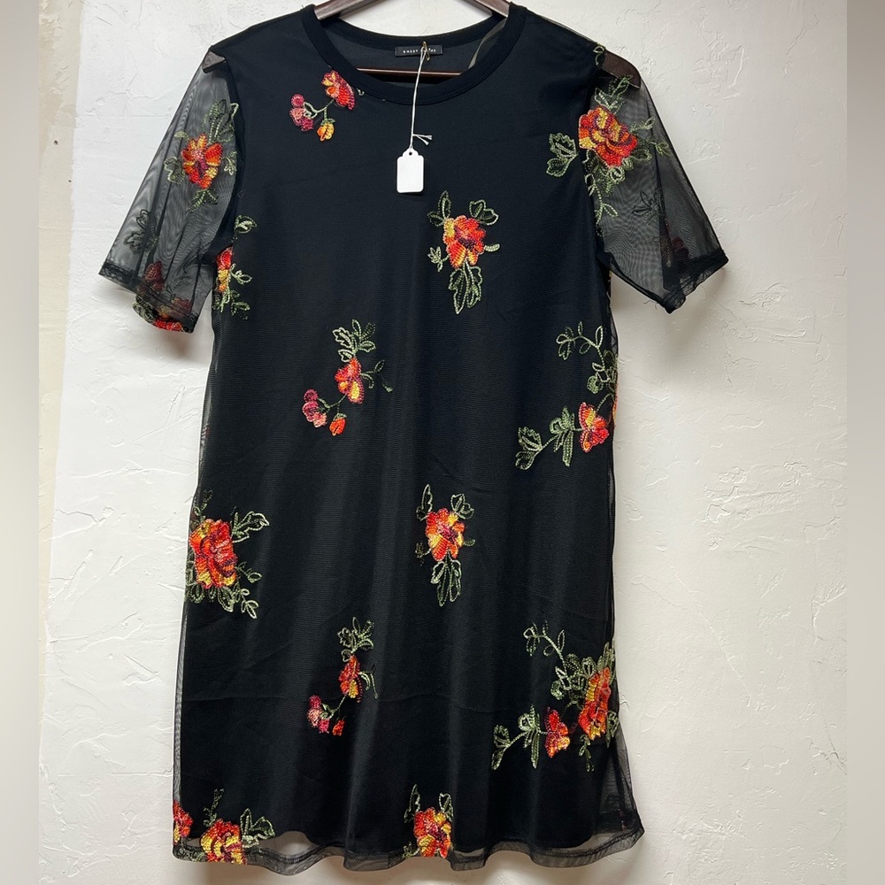 Sweet Claire Black Dress with Red Flowers